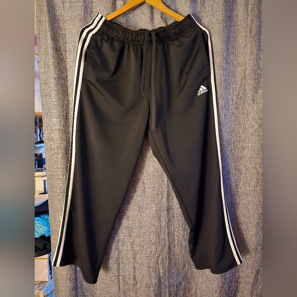 Adidas open hem 3-stripes warm-up track pants. Size Large. Front pockets.